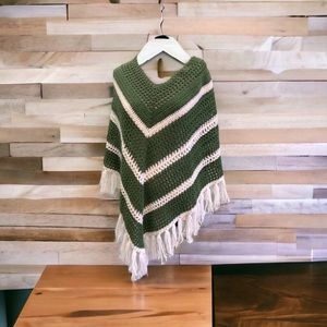 Vintage Crochet Poncho Chevron Handmade Poncho 60’s 70’s Green White